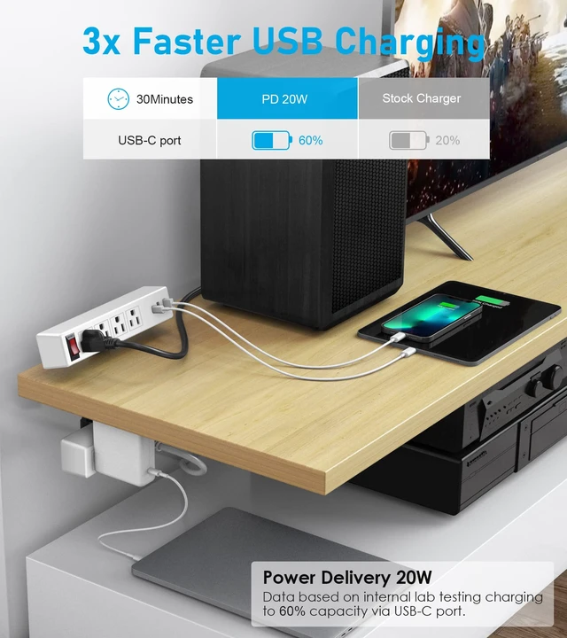Alt view image 3 of 7 - Desk Clamp Dual Layer Power Strip, 20W USB-C, 700J Surge Protector 10AC 10FT Extension Cord, Outlet Extender Desk Organizer Workstation Home Office, Fits 1.7" Tabletop Edge, White, ETL Listed