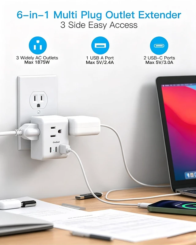 Alt view image 2 of 7 - Travel Cruise Ship Essentials, Mini Multi Plug Wall Outlet Extender,White 3 Outlets 3 USB Ports (2 USB-C), Small Power Strip Non Surge Protector for Cruise Travel, Cruise Outlet Splitter Plug Adapter