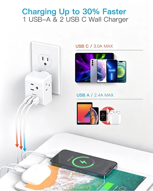 Alt view image 3 of 7 - Travel Cruise Ship Essentials, Mini Multi Plug Wall Outlet Extender,White 3 Outlets 3 USB Ports (2 USB-C), Small Power Strip Non Surge Protector for Cruise Travel, Cruise Outlet Splitter Plug Adapter