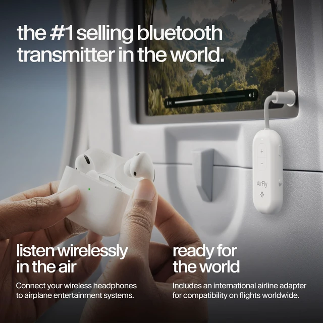 Alt view image 2 of 7 - AirFly Pro 2 Deluxe, Wireless Bluetooth Adapter, White Pair 2 AirPods or Wireless Headphones 3.5mm AUX Bluetooth Transmitter/Receiver for Cars, Boats, Treadmills, TVs, Airplane