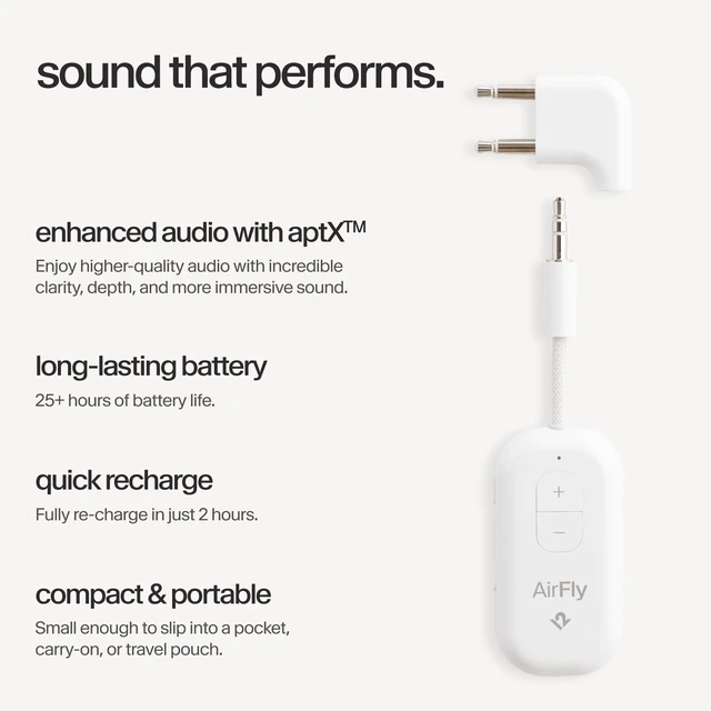 Alt view image 4 of 7 - AirFly Pro 2 Deluxe, Wireless Bluetooth Adapter, White Pair 2 AirPods or Wireless Headphones 3.5mm AUX Bluetooth Transmitter/Receiver for Cars, Boats, Treadmills, TVs, Airplane