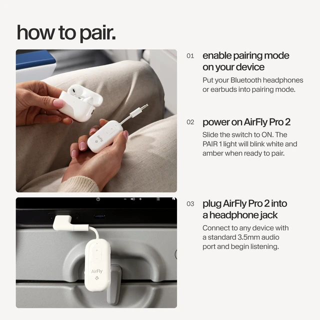 Alt view image 6 of 7 - AirFly Pro 2 Deluxe, Wireless Bluetooth Adapter, White Pair 2 AirPods or Wireless Headphones 3.5mm AUX Bluetooth Transmitter/Receiver for Cars, Boats, Treadmills, TVs, Airplane