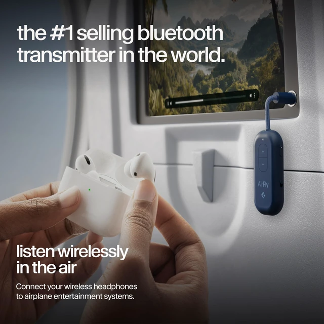 Alt view image 4 of 7 - AirFly Pro 2, Bluetooth Adapter, Pair 2 AirPods, Coastal Blue Pair 2 AirPods or Wireless Headphones 3.5mm AUX Bluetooth Transmitter and Receiver for Cars, Boats, Treadmills, TVs & More