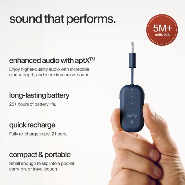 Alt view image 6 of 7 - AirFly Pro 2, Bluetooth Adapter, Pair 2 AirPods, Coastal Blue Pair 2 AirPods or Wireless Headphones 3.5mm AUX Bluetooth Transmitter and Receiver for Cars, Boats, Treadmills, TVs & More