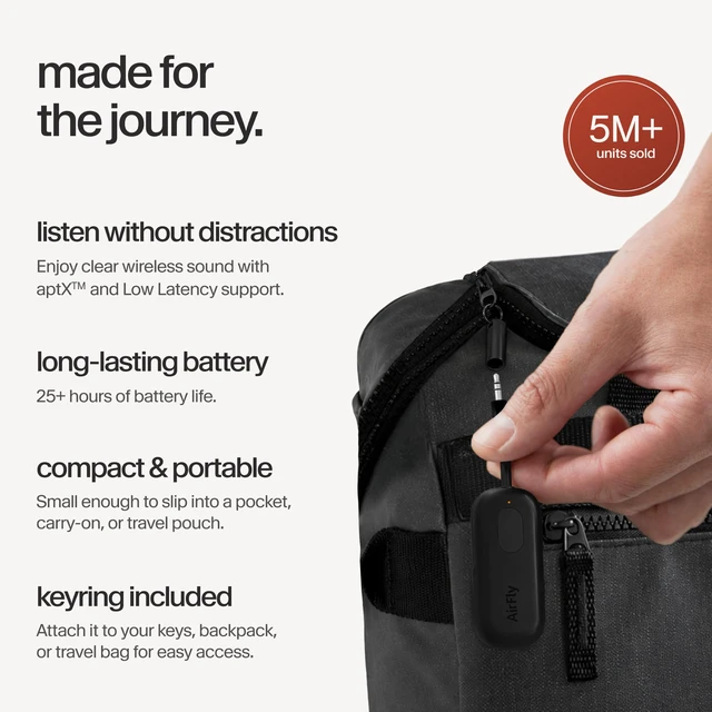 Alt view image 5 of 7 - AirFly Pro, Bluetooth Wireless Audio Transmitter, Black Bluetooth Adapter for AirPods/Headphones, 20+ Hr Battery, Works with 3.5mm aux Jacks on Airplanes, TVs, Gym Equipment, Travel