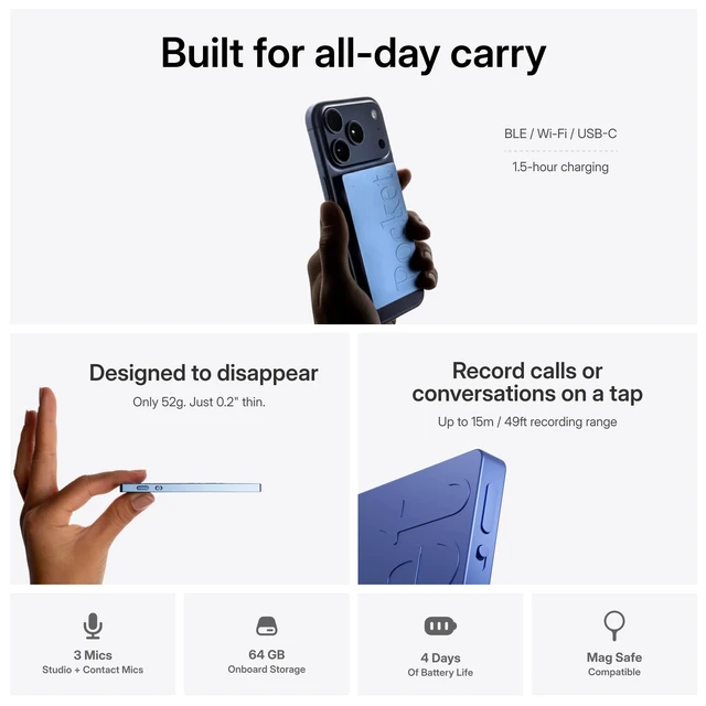 Alt view image 4 of 7 - AI Voice Recorder, Auto Transcription, AI Note Taker, Sierra Blue Recording Device, Action Items, Mind Maps, Ask, 4-Day Battery, MagSafe, iOS & Android