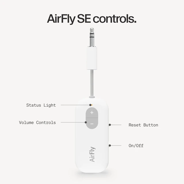 Alt view image 7 of 7 - AirFly SE, Bluetooth Wireless Audio Transmitter Adapter, White Bluetooth Adapter for AirPods/Headphones, 20+ Hr Battery, Works with 3.5mm aux Jacks on Airplanes, TVs, Gym Equipment, Travel