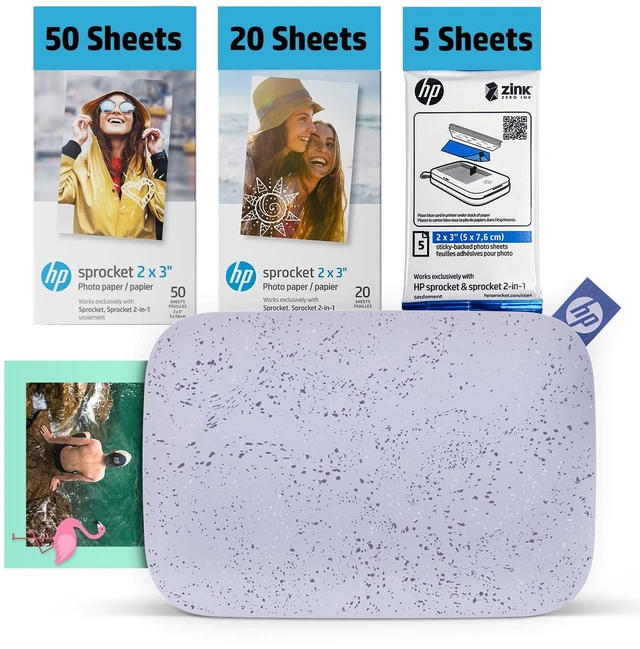 Main image of Sprocket 2x3 Instant Smartphone Photo Printer 75 Sheets Bundle - Bluetooth Portable Color Wireless Mobile Printer (Purple) Zink Sticky-Back Photos