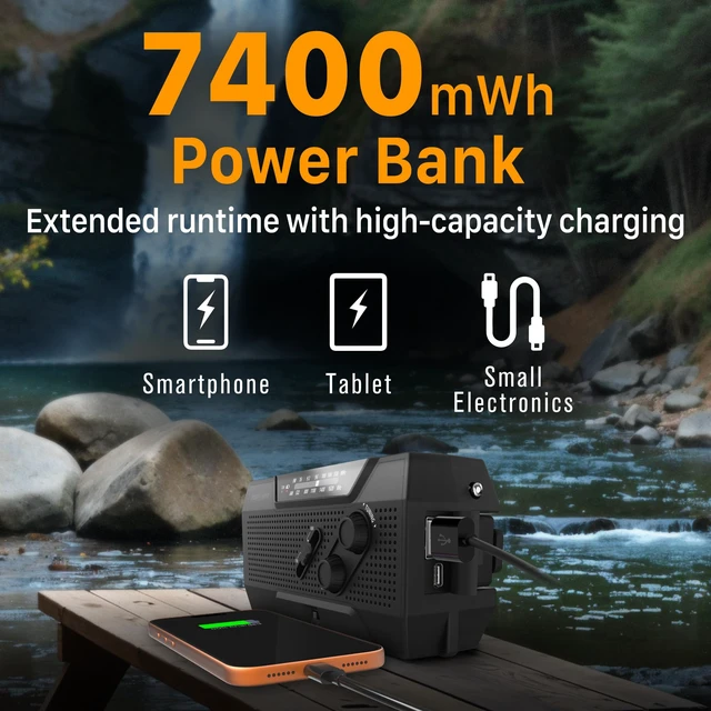 Alt view image 3 of 7 - NOAA Emergency Weather Radio A1 7400mWh Portable Power Bank, AM/FM, USB/Solar/Hand Crank Charging, Battery Operated, SOS Alarm & Flashlight for Indoor/Outdoor Emergency - Black