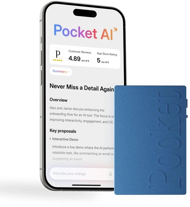 Main image of AI Voice Recorder, Auto Transcription, AI Note Taker, Sierra Blue Recording Device, Action Items, Mind Maps, Ask, 4-Day Battery, MagSafe, iOS & Android