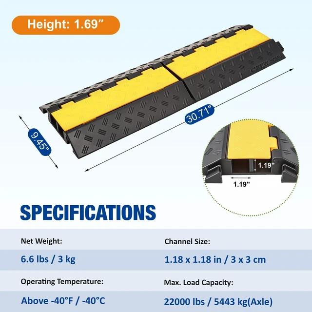 Alt view image 2 of 7 - Cable Ramp 2 Pack 2 Channel 22000lbs Axle Capacity Floor Cable Cord Protector, Black & Yellow Speed Bumps Hose Protector Ramps for Wire/Hose/Pipe Hider Driveway &Outdoor 30.7L x 9.45W x 1.69H in