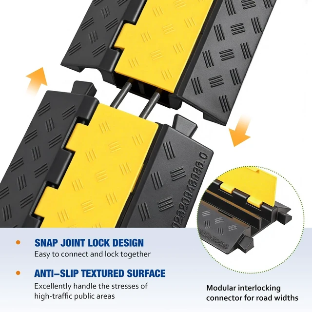 Alt view image 3 of 7 - Cable Ramp 2 Pack 2 Channel 22000lbs Axle Capacity Floor Cable Cord Protector, Black & Yellow Speed Bumps Hose Protector Ramps for Wire/Hose/Pipe Hider Driveway &Outdoor 30.7L x 9.45W x 1.69H in