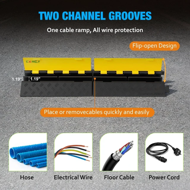 Alt view image 5 of 7 - Cable Ramp 2 Pack 2 Channel 22000lbs Axle Capacity Floor Cable Cord Protector, Black & Yellow Speed Bumps Hose Protector Ramps for Wire/Hose/Pipe Hider Driveway &Outdoor 30.7L x 9.45W x 1.69H in