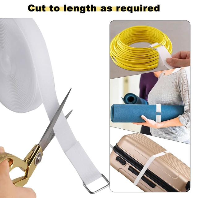 Alt view image 2 of 6 - 1"x32ft Hook and Loop Straps with 50 Metal Buckles, Adjustable Fastening Cable Straps, Cut-to-Length Cinch Strap, Reusable Nylon Securing Cord Ties for Organizer or Storage, 1 inch Wide, White