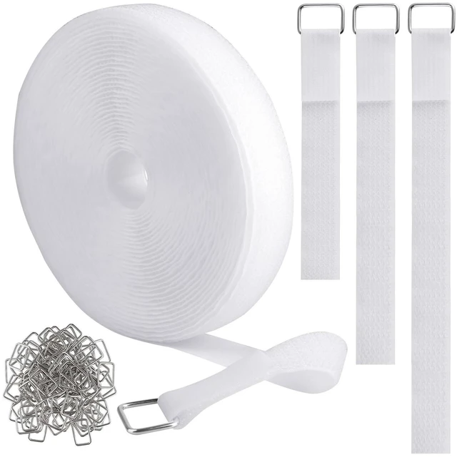 Main image of 1"x32ft Hook and Loop Straps with 50 Metal Buckles, Adjustable Fastening Cable Straps, Cut-to-Length Cinch Strap, Reusable Nylon Securing Cord Ties for Organizer or Storage, 1 inch Wide, White