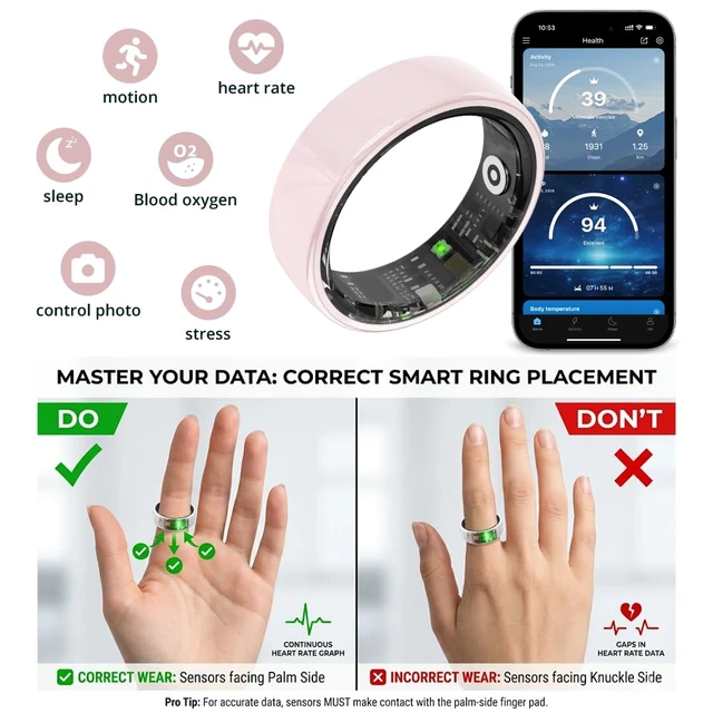 Alt view image 4 of 4 - Smart Ring for Women, Health Tracker & 5ATM, R02.(Pink Ceramic,8#) Smart Ring & No Subscription Fee, Menstrual Cycle, Skin Temperature, Heart Rate, Sleep Health Monitoring, Sports Tracking