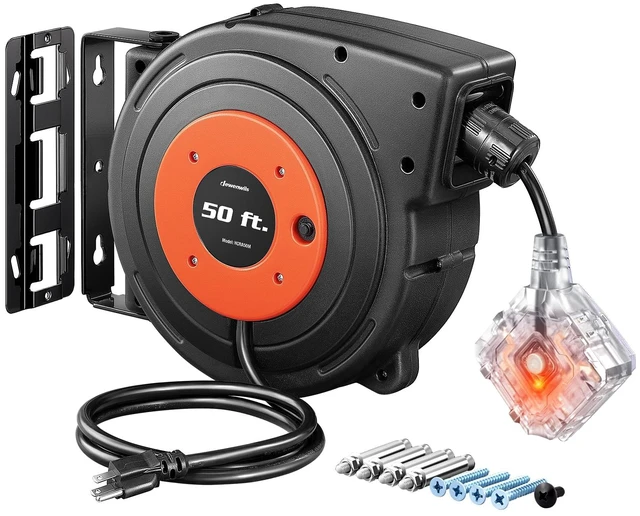 Main image of 6 Grounded Outlets Retractable Extension Cord Reel 50FT Heavy Duty Power Cord, Llluminatedn/off Switch, Wall/Ceiling Mounted for Garage, Workshop, ETL Listed