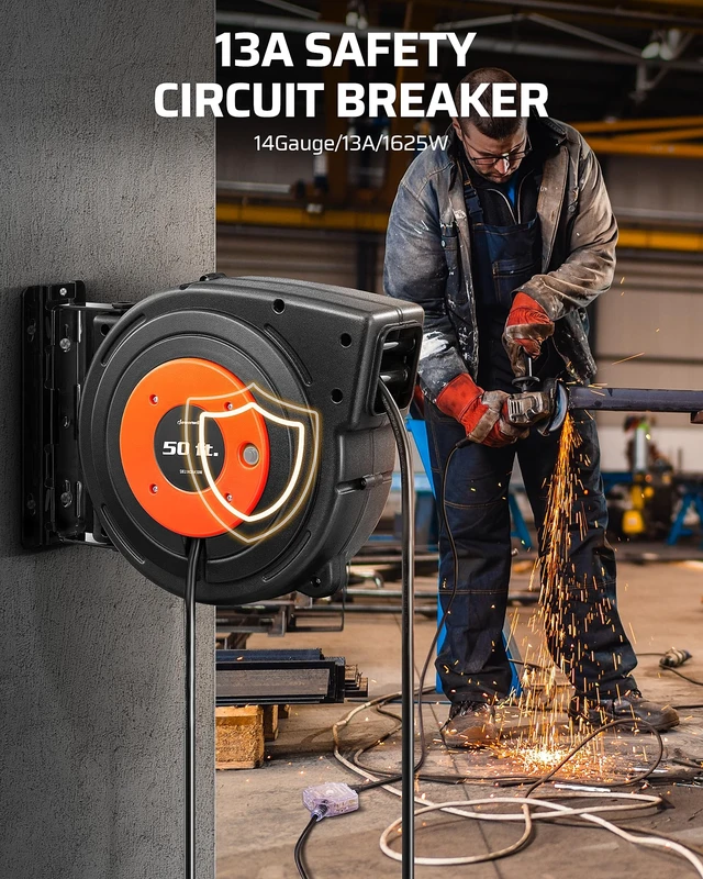 Alt view image 7 of 7 - 6 Grounded Outlets Retractable Extension Cord Reel 50FT Heavy Duty Power Cord, Llluminatedn/off Switch, Wall/Ceiling Mounted for Garage, Workshop, ETL Listed