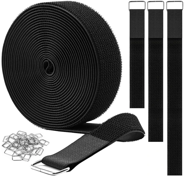 Main image of 1.5"x16ft Hook and Loop Straps with 15 Metal Buckles, Adjustable Fastening Cable Straps, Cut-to-Length Cinch Strap, Reusable Nylon Securing Cord Ties for Organizer or Storage, Black