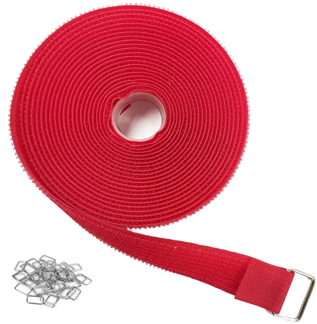 Main image of 1"x16ft Hook and Loop Straps with 25 Metal Buckles, Adjustable Fastening Cable Straps, Cut-to-Length Cinch Strap, Reusable Nylon Securing Cord Ties for Organizer or Storage, 1 inch Wide,Red