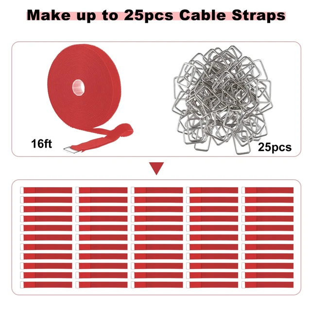 Alt view image 4 of 7 - 1"x16ft Hook and Loop Straps with 25 Metal Buckles, Adjustable Fastening Cable Straps, Cut-to-Length Cinch Strap, Reusable Nylon Securing Cord Ties for Organizer or Storage, 1 inch Wide,Red