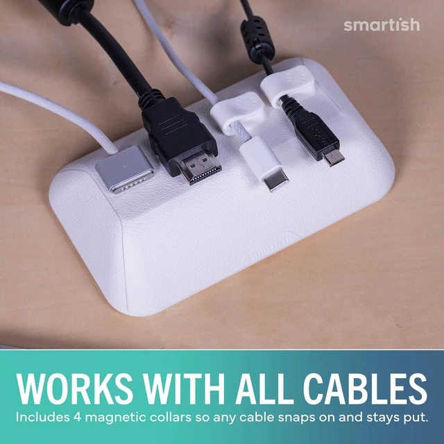 Alt view image 7 of 7 - Magnetic Cord Holder, Bigger Cable Wrangler, Office Desk Organizer Holds 8 Cords, 2 Cable Clips, Weighted Base, Charger Keeper, Phone Charging Cable Management, Nightstand Accessories, White