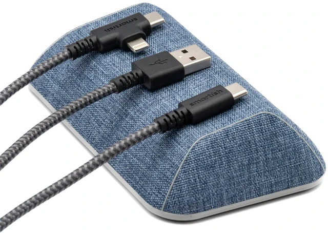 Main image of Magnetic Cord Holder, Bigger Cable Wrangler, Office Desk Organizer Holds 8 Cords, 2 Cable Clips, Weighted Base, Charger Keeper, Phone Charging Cable Management, Nightstand Accessories, Denim