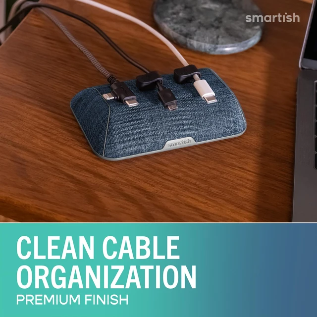 Alt view image 2 of 7 - Magnetic Cord Holder, Bigger Cable Wrangler, Office Desk Organizer Holds 8 Cords, 2 Cable Clips, Weighted Base, Charger Keeper, Phone Charging Cable Management, Nightstand Accessories, Denim