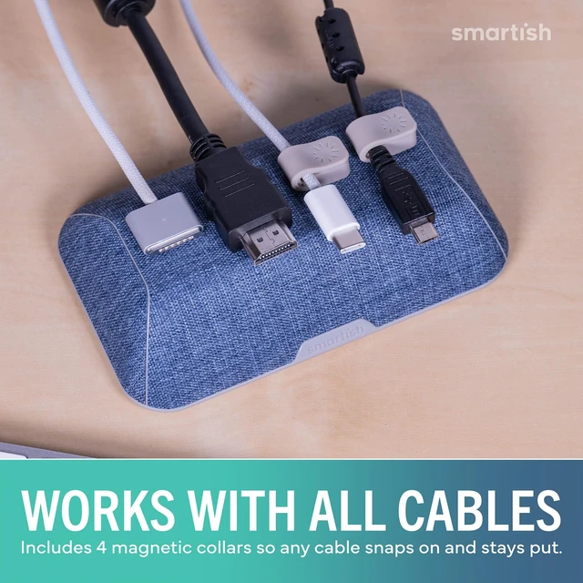 Alt view image 6 of 7 - Magnetic Cord Holder, Bigger Cable Wrangler, Office Desk Organizer Holds 8 Cords, 2 Cable Clips, Weighted Base, Charger Keeper, Phone Charging Cable Management, Nightstand Accessories, Denim