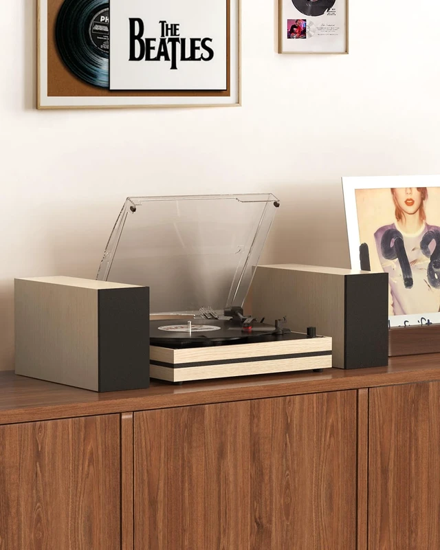 Alt view image 6 of 7 - ® Vintage Vinyl Record Player with 2 External Speakers,Lvory White