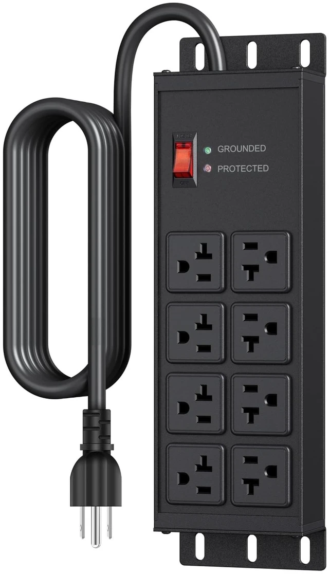 Main image of Heavy Duty Surge Protector, 12 Gauge Extension Cord, Black, 25 FT Metal Wall Mount 8 Outlets Power Strip, High Amp Outlet Extender for Garage Industrial Shop, 4800J