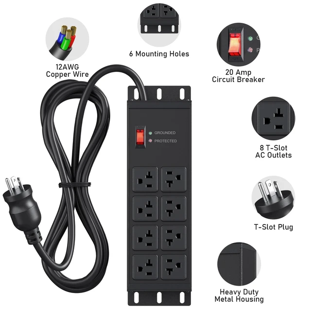 Alt view image 2 of 7 - Heavy Duty Surge Protector, 12 Gauge Extension Cord, Black, 25 FT Metal Wall Mount 8 Outlets Power Strip, High Amp Outlet Extender for Garage Industrial Shop, 4800J