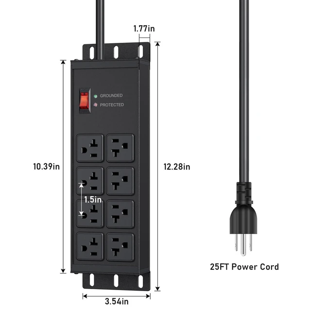 Alt view image 7 of 7 - Heavy Duty Surge Protector, 12 Gauge Extension Cord, Black, 25 FT Metal Wall Mount 8 Outlets Power Strip, High Amp Outlet Extender for Garage Industrial Shop, 4800J