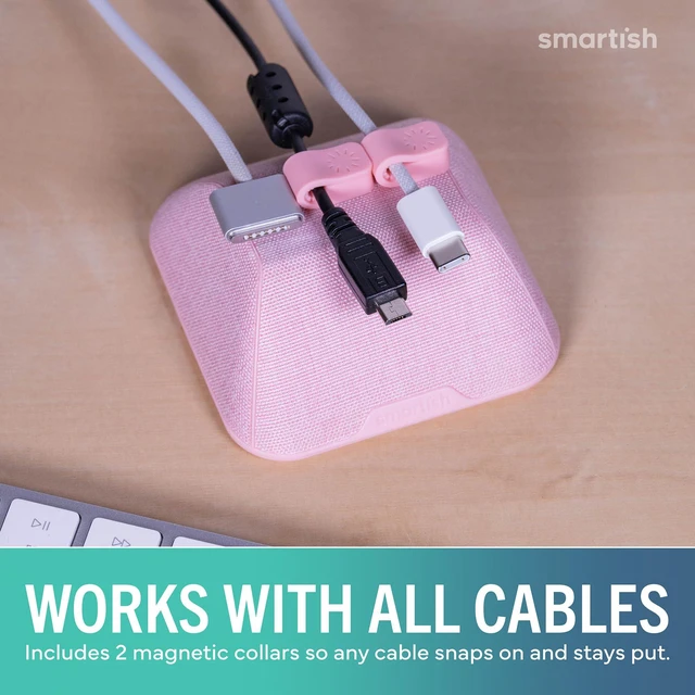 Alt view image 6 of 7 - Magnetic Cord Holder, Cable Wrangler, Nightstand & Desk Organizer Holds 5 Cords, 2 Cable Clips, Weighted Base, Charger Keeper, Phone Charging Cable Management, Home Office Accessories, Pink