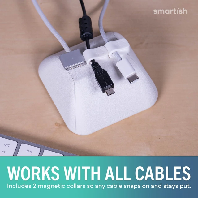 Alt view image 6 of 7 - Magnetic Cord Holder, Cable Wrangler, Nightstand & Desk Organizer Holds 5 Cords, 2 Cable Clips, Weighted Base, Charger Keeper, Phone Charging Cable Management, Home Office Accessories, White