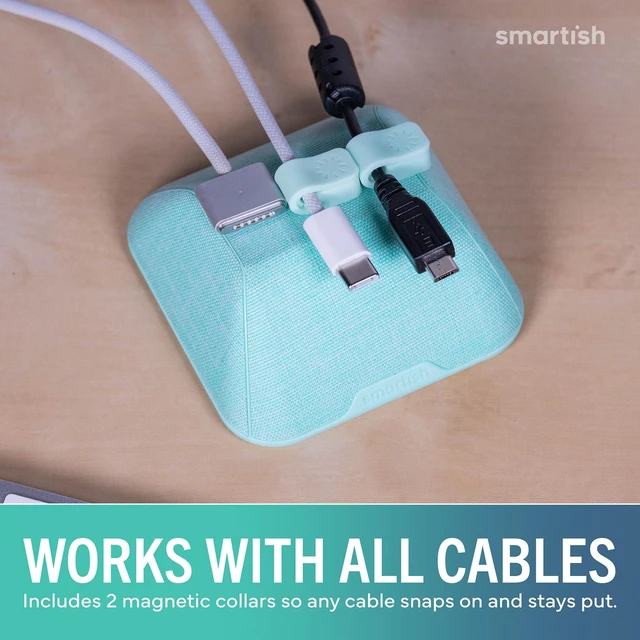 Alt view image 6 of 7 - Magnetic Cord Holder, Cable Wrangler, Nightstand & Desk Organizer Holds 5 Cords, 2 Cable Clips, Weighted Base, Charger Keeper, Phone Charging Cable Management, Home Office Accessories, Green