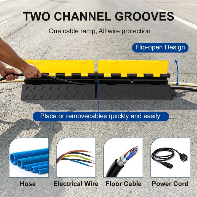 Alt view image 5 of 7 - Rubber Ramp Cable Protector Ramps Wire Hose Protective 2 Channel Traffic Rubber Plastic Cord Cover Speed Bump for Asphalt Concrete Gravel Driveway Outdoor(3 Pack Foldable 2 Channel)
