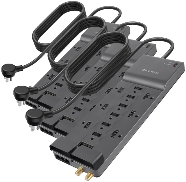 Main image of Power Strip Surge Protector w/12AC Multiple Outlets,10ft Long Flat Plug Heavy Duty Extension Cord-Home,Office,Travel,Computer Desktop,Laptop&Phone ChargingBricks (4,156 Joules) 10' (Pack of 3)