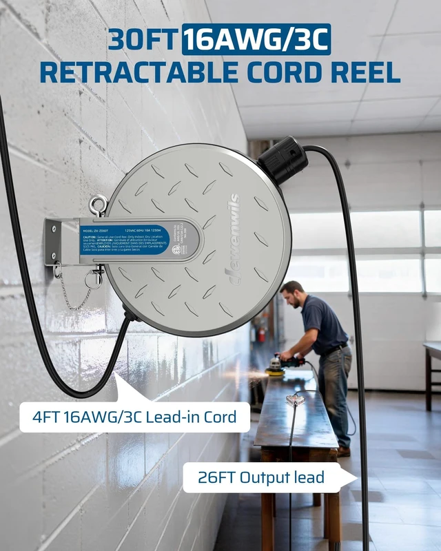 Alt view image 2 of 7 - Ceiling/Wall Mount Retractable Extension Cord Reel with 30FT Cord 16/3 SJTW Power Cord, 3 Lighted Triple Outlets, Work for Garage Shop, 10 Amp Circuit Breaker, Metal Plate, ETL Listed, Silver