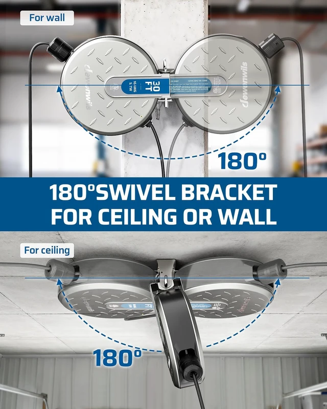 Alt view image 4 of 7 - Ceiling/Wall Mount Retractable Extension Cord Reel with 30FT Cord 16/3 SJTW Power Cord, 3 Lighted Triple Outlets, Work for Garage Shop, 10 Amp Circuit Breaker, Metal Plate, ETL Listed, Silver
