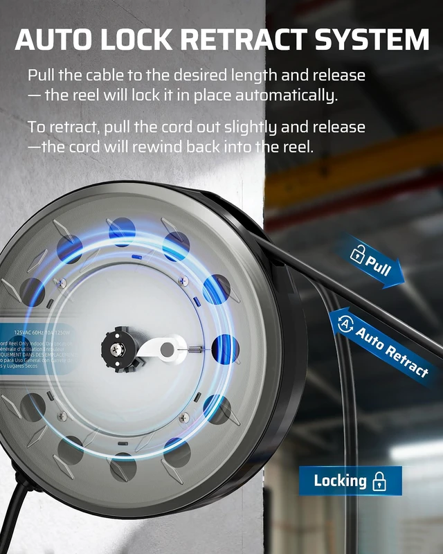 Alt view image 5 of 7 - Ceiling/Wall Mount Retractable Extension Cord Reel with 30FT Cord 16/3 SJTW Power Cord, 3 Lighted Triple Outlets, Work for Garage Shop, 10 Amp Circuit Breaker, Metal Plate, ETL Listed, Silver
