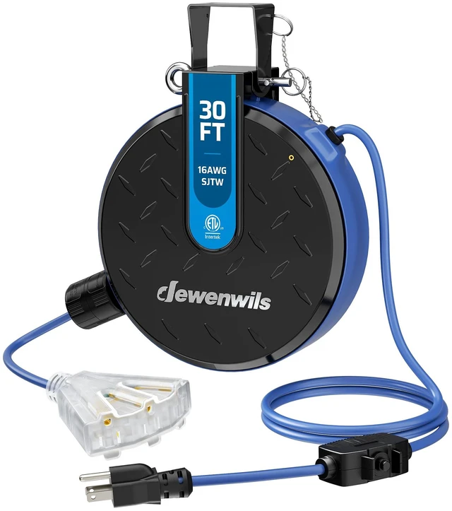 Main image of Ceiling/Wall Mount Retractable Extension Cord Reel with 30FT Cord 16/3 SJTW Power Cord, 3 Lighted Triple Outlets, Works for Garage Shop, 10 Amp Circuit Breaker, Metal Plate, ETL Listed, Blue