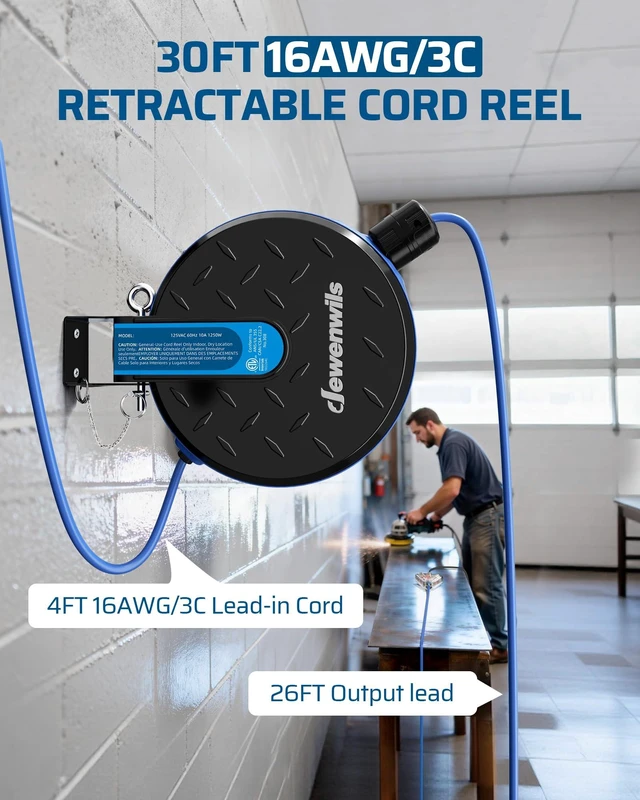 Alt view image 2 of 7 - Ceiling/Wall Mount Retractable Extension Cord Reel with 30FT Cord 16/3 SJTW Power Cord, 3 Lighted Triple Outlets, Works for Garage Shop, 10 Amp Circuit Breaker, Metal Plate, ETL Listed, Blue
