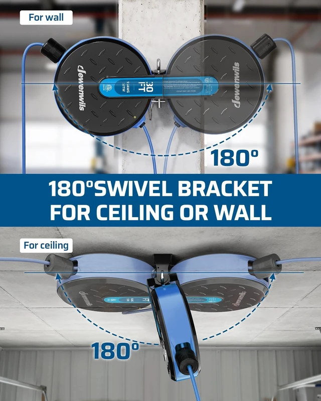 Alt view image 4 of 7 - Ceiling/Wall Mount Retractable Extension Cord Reel with 30FT Cord 16/3 SJTW Power Cord, 3 Lighted Triple Outlets, Works for Garage Shop, 10 Amp Circuit Breaker, Metal Plate, ETL Listed, Blue