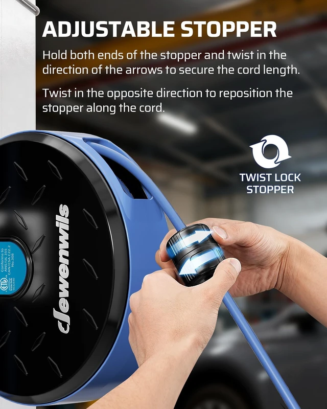 Alt view image 6 of 7 - Ceiling/Wall Mount Retractable Extension Cord Reel with 30FT Cord 16/3 SJTW Power Cord, 3 Lighted Triple Outlets, Works for Garage Shop, 10 Amp Circuit Breaker, Metal Plate, ETL Listed, Blue