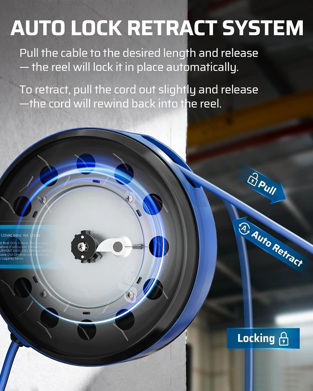Alt view image 5 of 7 - Ceiling/Wall Mount Retractable Extension Cord Reel with 30FT Cord 16/3 SJTW Power Cord, 3 Lighted Triple Outlets, Works for Garage Shop, 10 Amp Circuit Breaker, Metal Plate, ETL Listed, Blue