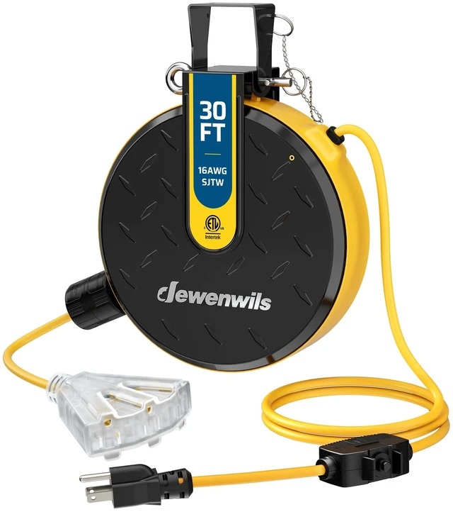 Main image of Ceiling/Wall Mount Retractable Extension Cord Reel with 30FT Cord 16/3 SJTW Power Cord, 3 Lighted Triple Outlets, Work for Garage Shop, 10 Amp Circuit Breaker, Metal Plate, ETL Listed, Yellow