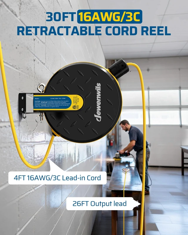 Alt view image 2 of 7 - Ceiling/Wall Mount Retractable Extension Cord Reel with 30FT Cord 16/3 SJTW Power Cord, 3 Lighted Triple Outlets, Work for Garage Shop, 10 Amp Circuit Breaker, Metal Plate, ETL Listed, Yellow