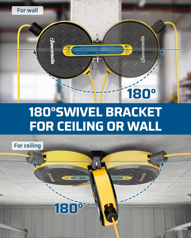 Alt view image 4 of 7 - Ceiling/Wall Mount Retractable Extension Cord Reel with 30FT Cord 16/3 SJTW Power Cord, 3 Lighted Triple Outlets, Work for Garage Shop, 10 Amp Circuit Breaker, Metal Plate, ETL Listed, Yellow