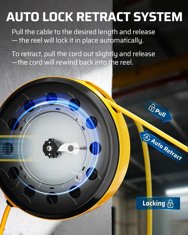 Alt view image 5 of 7 - Ceiling/Wall Mount Retractable Extension Cord Reel with 30FT Cord 16/3 SJTW Power Cord, 3 Lighted Triple Outlets, Work for Garage Shop, 10 Amp Circuit Breaker, Metal Plate, ETL Listed, Yellow